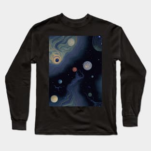 Japanese Nihonga Painting Planets Stars and Galaxies Long Sleeve T-Shirt